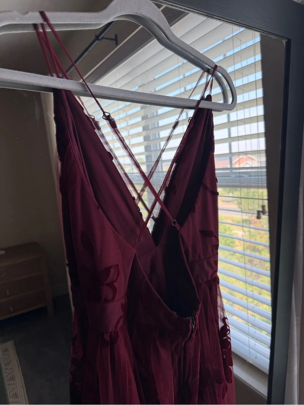 Windsor Burgundy Flocked Velvet Floral Tulle Maxi Gown Dress